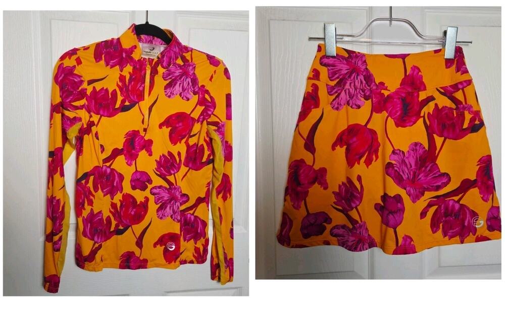 Foray Golf Floral Sun Shirt Skort Set XS Orange Pink 1/4 Zip Golf Top Athleisure